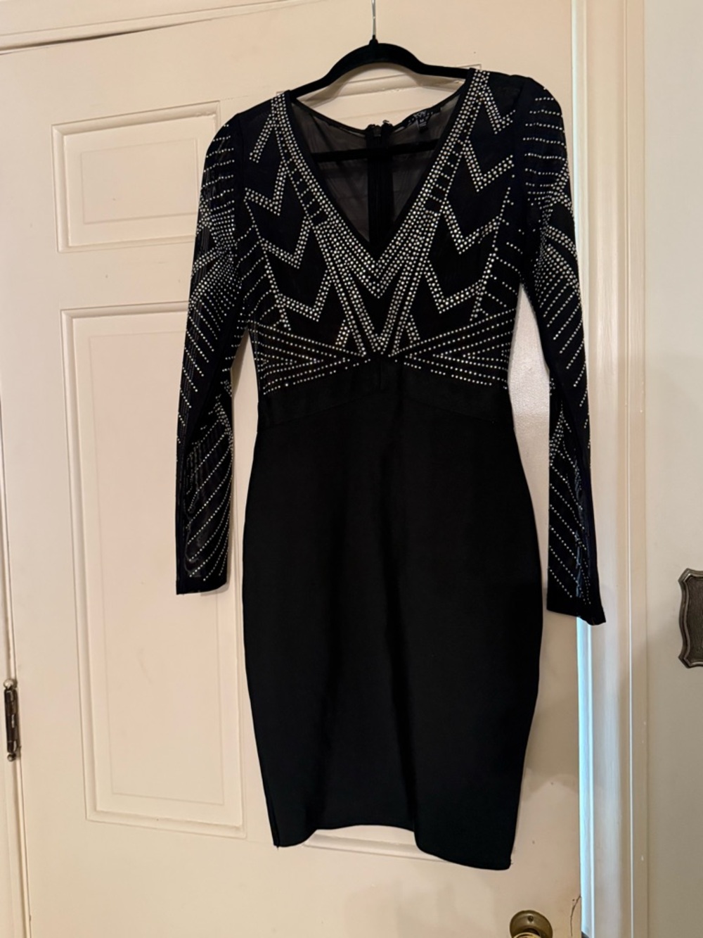 WOW couture Black V-Neck Long Sleeve Embellished Sheath Dress